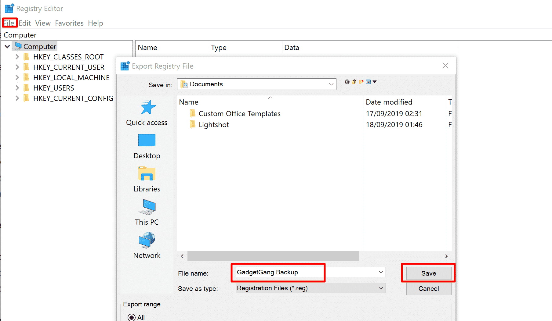 Export regedit backup