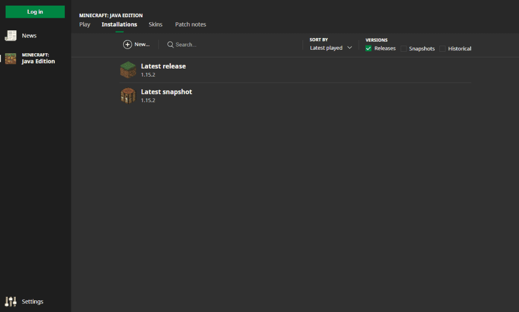 Minecraft launcher installations
