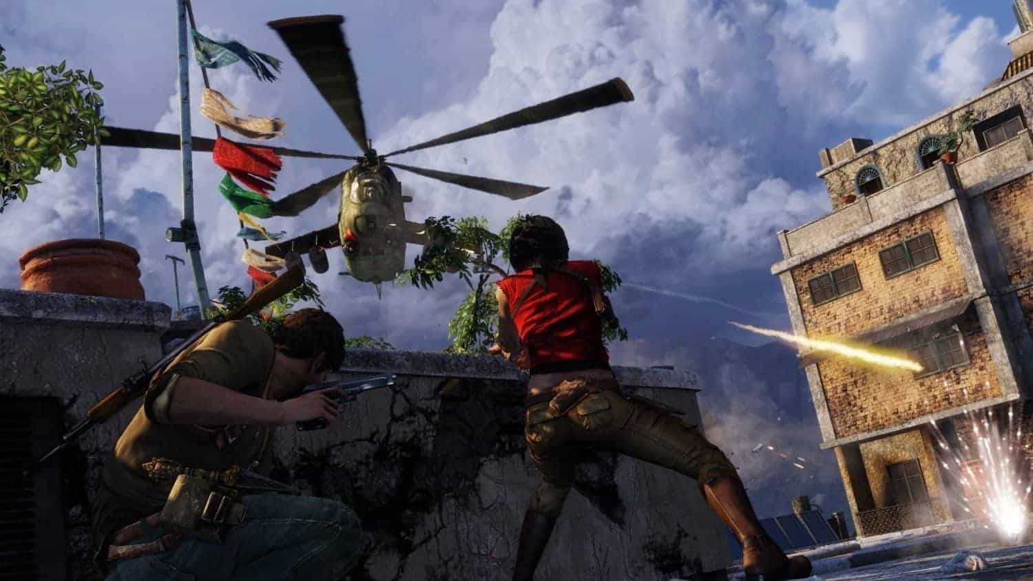 Drake and Chloe fighting a helicopter