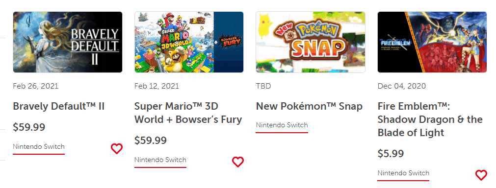 Game listings on Nintendo's website.
