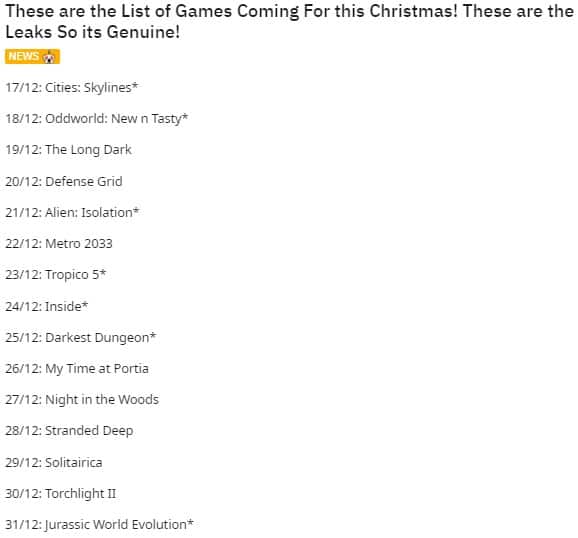 Epic Games Store 15 Days of Free Games List Has Leaked