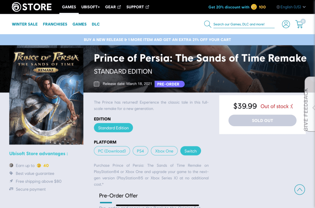 Prince of Persia: The Sands of Time Remake for Nintendo Switch