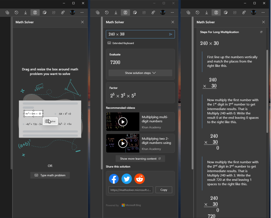 Microsoft edge is integrating its own math solver in the browser