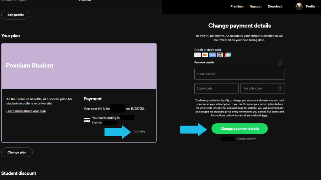 Changing payment on Spotify