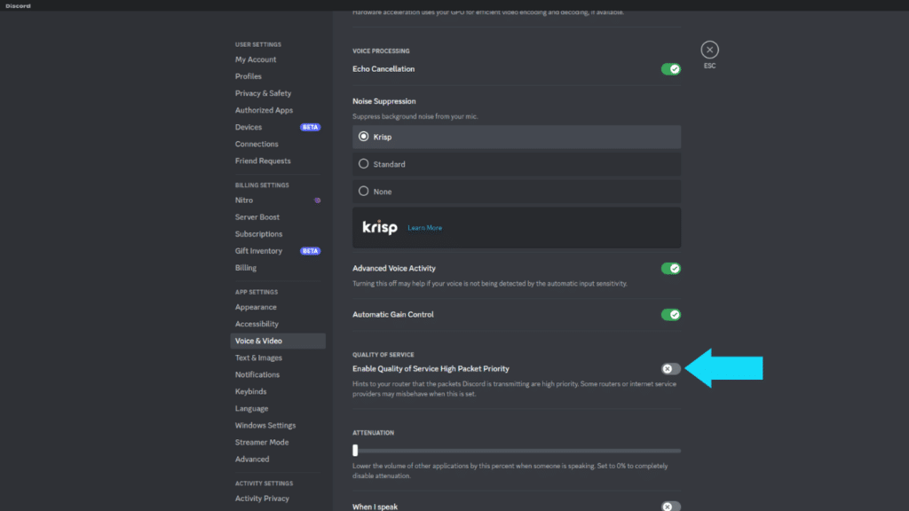 Disable QoS from Discord Settings