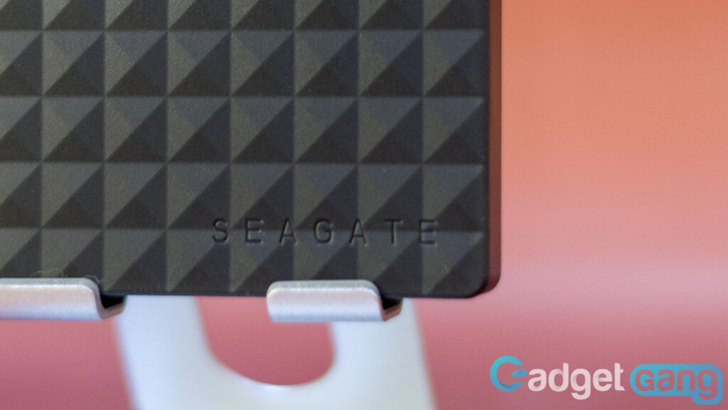 Image shows the Seagate branding on the portable drive